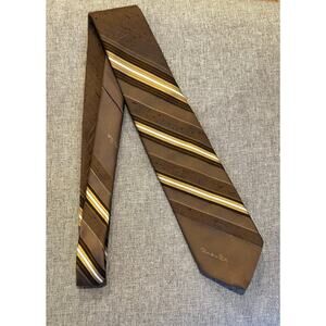 Vintage Oscar De La Renta Brown Gold White Striped Tie w/ texture 3" Wide Logo